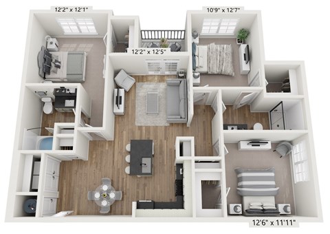 Floor plan for 3 beds, 2 baths, 1291 sqft